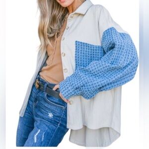 NWT Andthewhy denim Blue/Cream cordoroy colorblock Button-Down Shirt